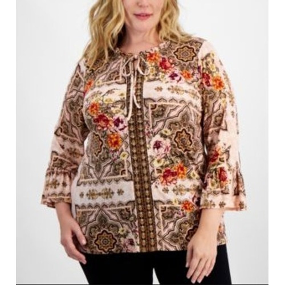 JM Collection Tunic Top 2X Abstract Floral Rhinestone Bell Sleeve Boho Stretch